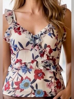 French Connection Floral Sheer Ruffle Blouse | Romantic Feminine Top Size 4 NWT